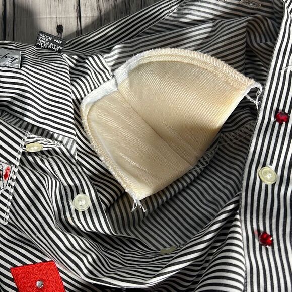 Get Lucky Womens Button Down Shirt Striped Small Embroidered Cards Black Small - Picture 12 of 15